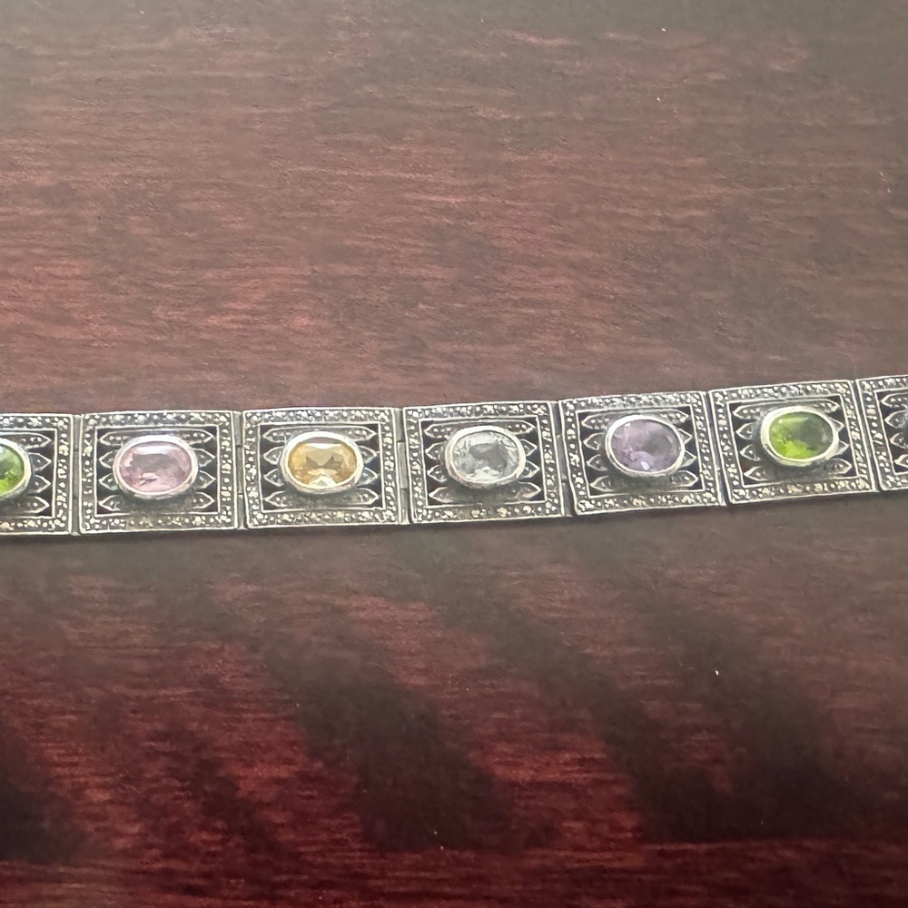Vintage 925 Silver Multi-gemstone Link Bracelet